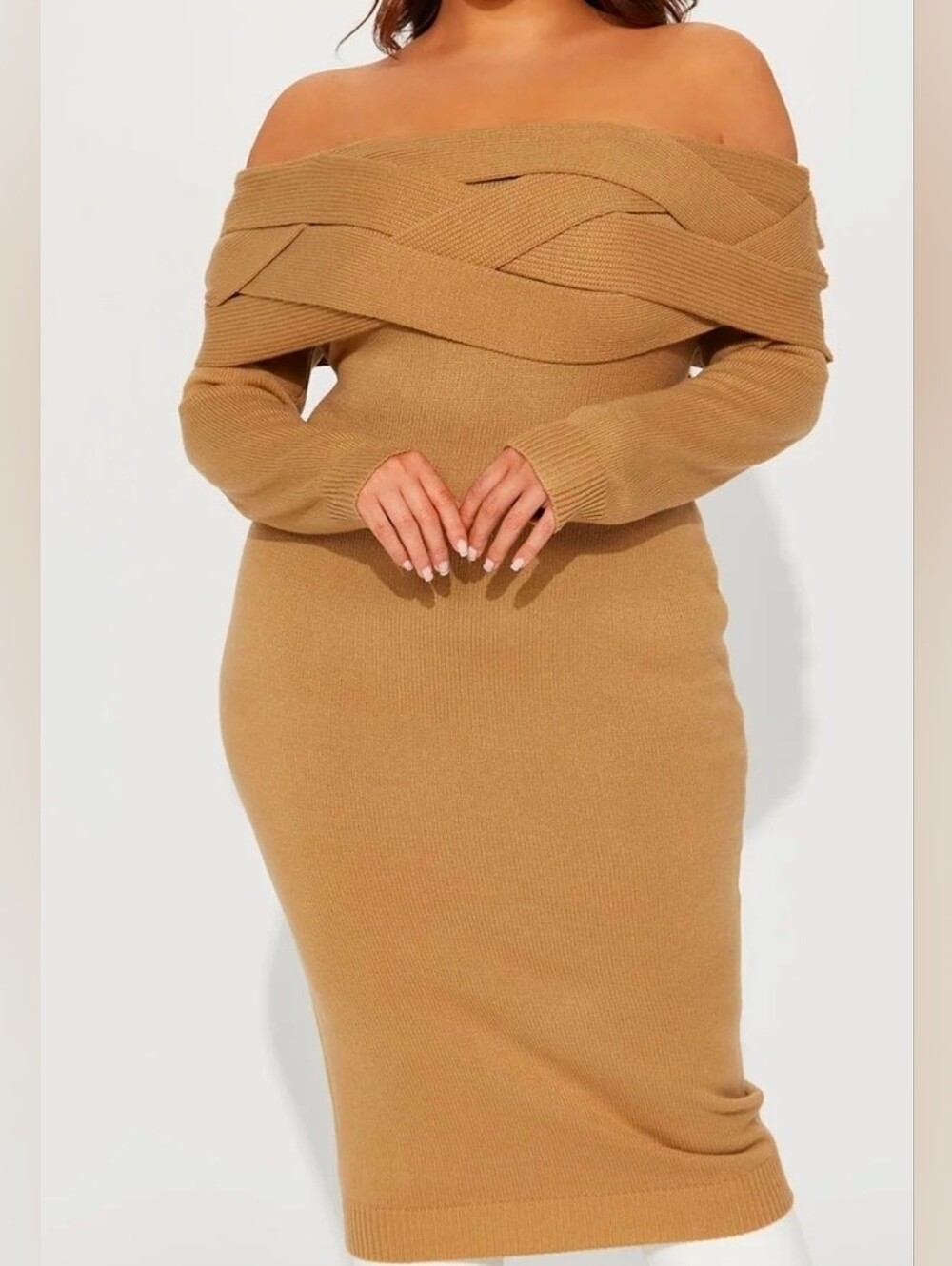Fashion Nova Camel One-Shoulder Knit Midi Dress